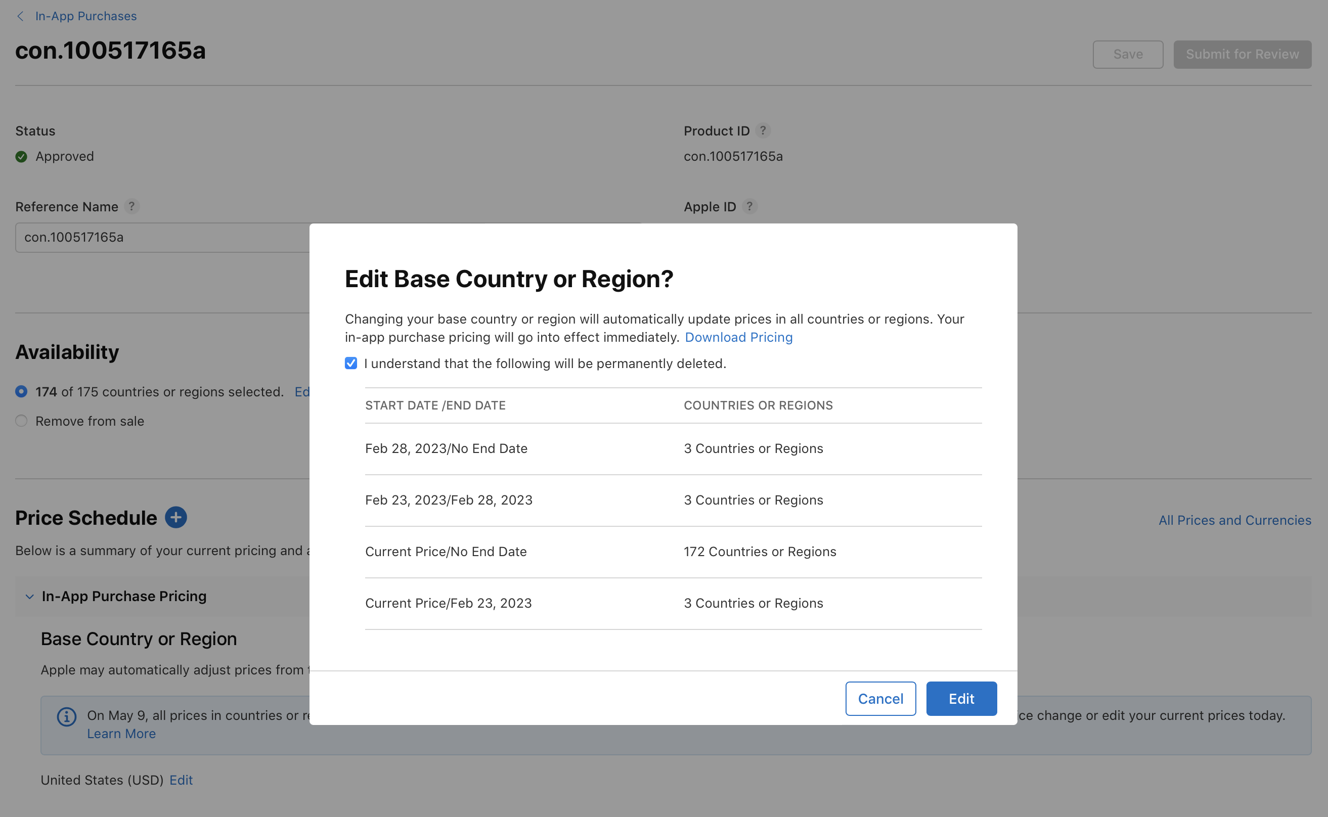 Screenshot of a confirmation dialog in App Store Connect for editing the base country or region for in-app purchases. The dialog explains that changing this setting will update prices globally and lists affected date ranges and countries. Options to  Cancel, Edit, or Confirm are provided.